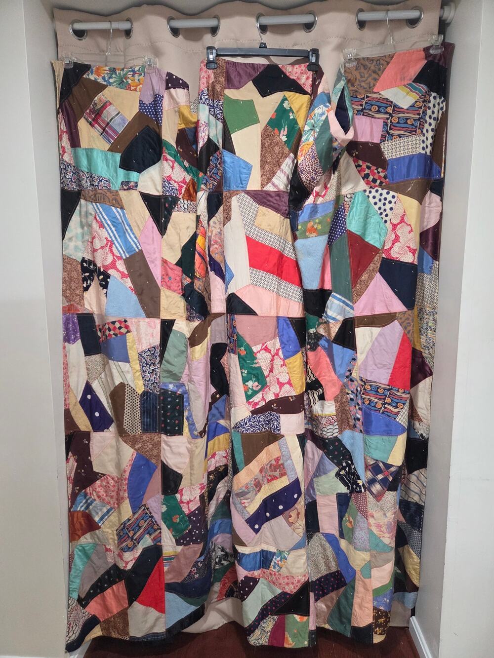 Antique Handmade Crazy Quilt Silk Satin Patchwork Multicolor Approx. 78” x 75”